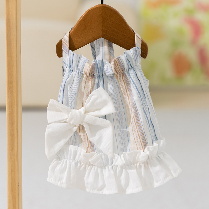Primavera y verano perros arco de hoja de loto princesa viento vestido pequeño perro rayado gato vestido de mascota
