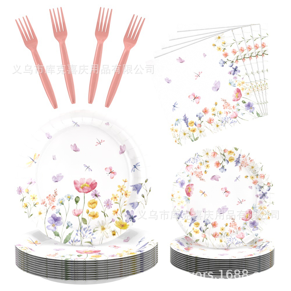 Nuevos platos de fiesta de flores silvestres cubiertos de fiesta de cumpleaños bandeja de papel desechable toallas de papel decoración de bandera