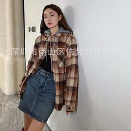 深圳南油高端女装欧美原单复古时髦休闲百搭假两件连帽夹棉外套女