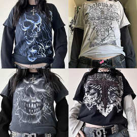 欧美跨境2025年爆款亚马逊骷髅印花T恤街头潮流圆领假两件长袖女