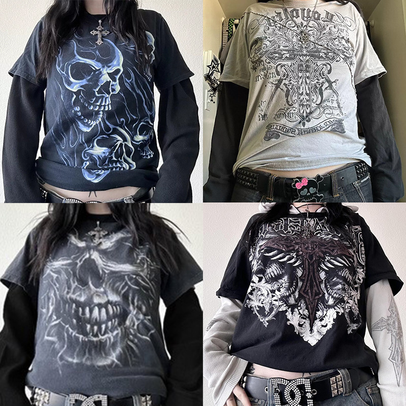 European and American Cross-Border 2025 Popular Amazon Skull Print T-Shirt Street Trendy Round Neck Fake Two-Piece Long-Sleeved Women European and American Cross-Border 2025 Popular Amazon Skull Print T-Shirt Street Trendy Round Neck Fake Two-Piece Long-Sleeved Women
