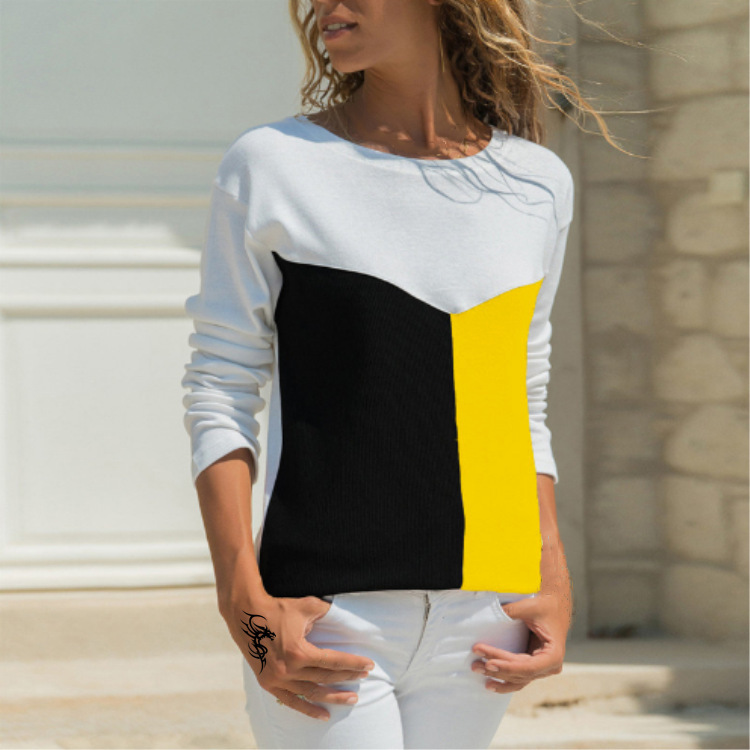 Ropa de mujer transfronteriza europea y americana compatible con varias plataformas, nueva camiseta de manga larga con cuello redondo y estampado de posicionamiento en contraste