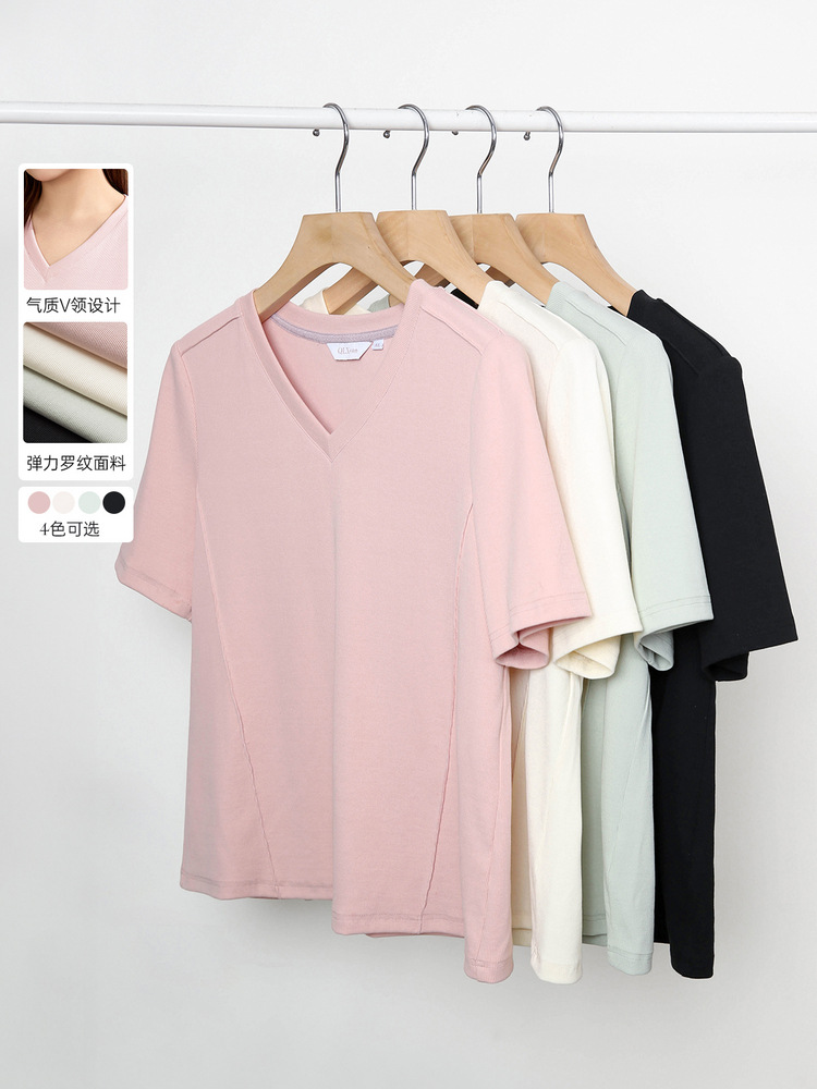 Qianlixiu plus size women's fashion simple versatile casual youthful regular shoulder V-neck slimming versatile T-shirt 2024 spring new style