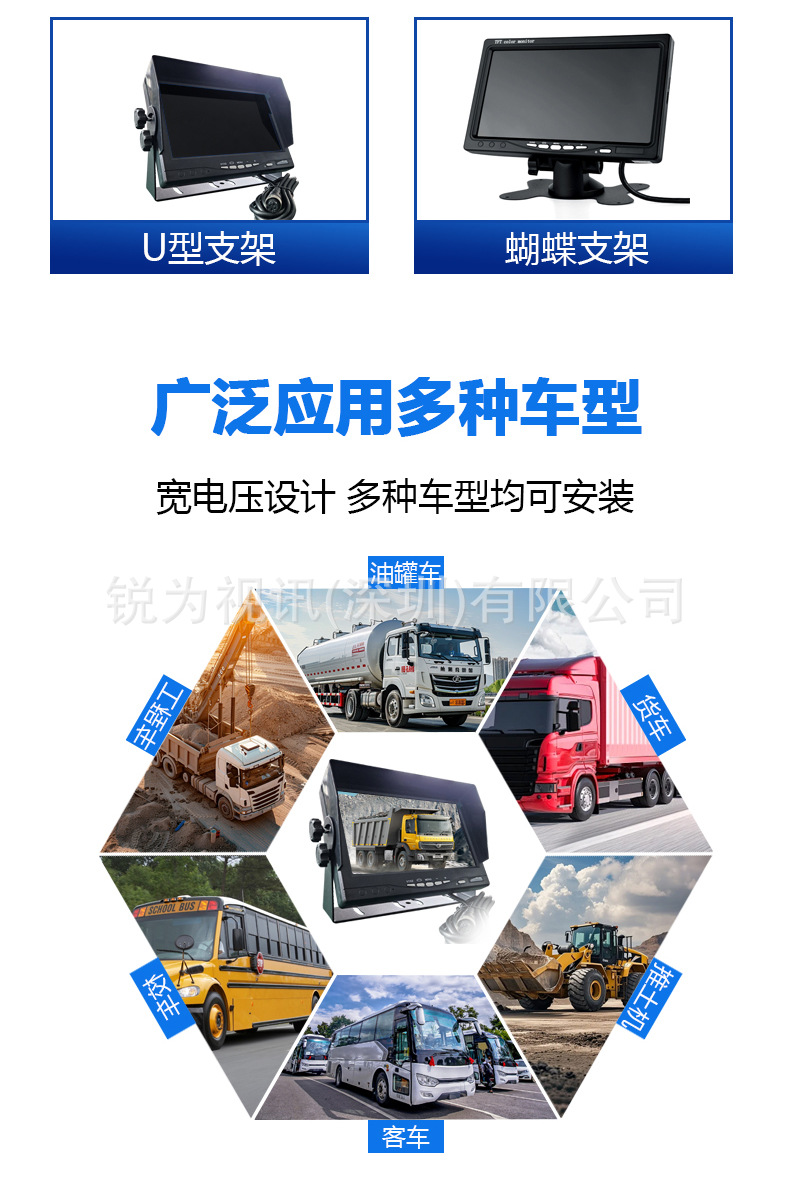 Truck Recorder Vehicle-Mounted Display 7inch High-Definition Reversing Images 12Vahd2-Channel Construction Vehicle Monitoring Display Screen