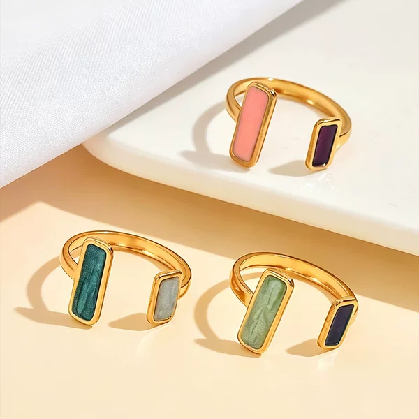 Cross-Border Stainless Steel Jewelry, Ultra-Fairy Bohemian Style, Contrasting Color Enamel Geometric Ring, Women's Open Ring
