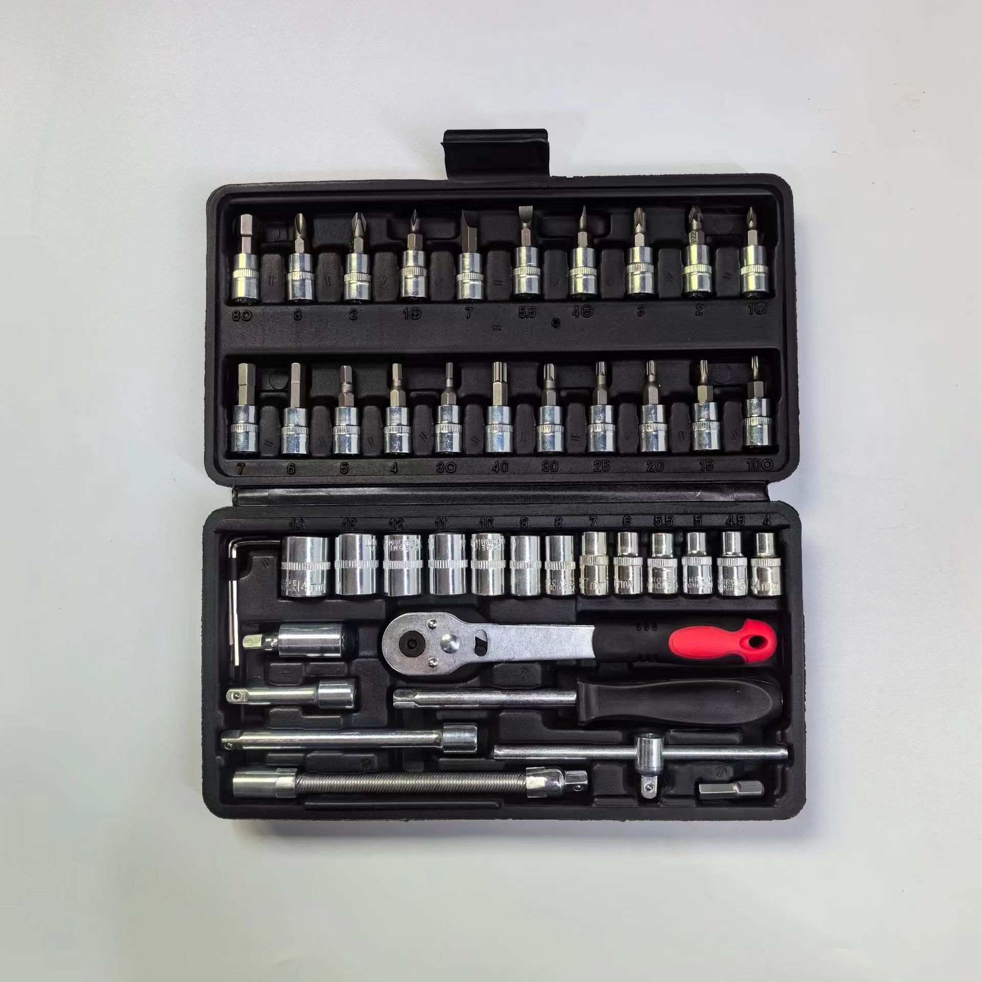 Juego de 46 piezas de nuevo manguito de llave, combinación de cabezal de tubo, juego de llave de trinquete rápido pequeño, caja de herramientas de reparación doméstica