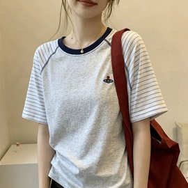 韩版撞色条纹插肩袖短袖T恤女2026夏季大码胖mm简约休闲慵懒上衣