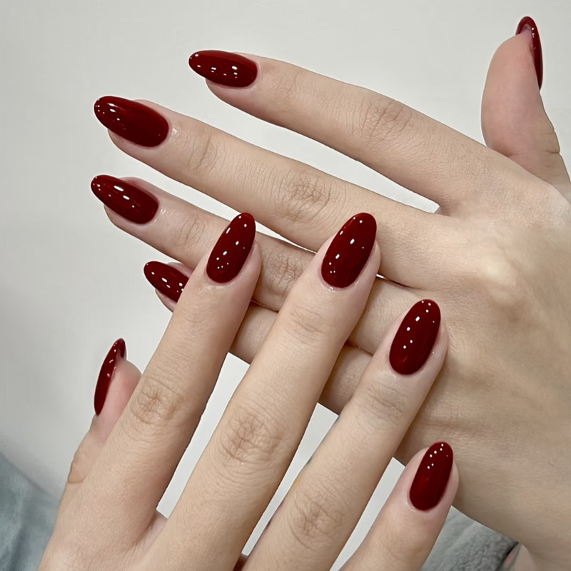 Wear Armor Oval Solid Color Cherry Red Nail Art Nail Patch Simple All-match wine red Fake Nail