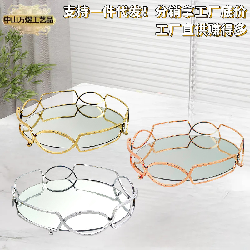 Hogar plato de fruta de hierro de estilo europeo cuadrado artesanía de hierro bandeja redonda decoración artesanal de vidrio bandeja de almacenamiento de café ins