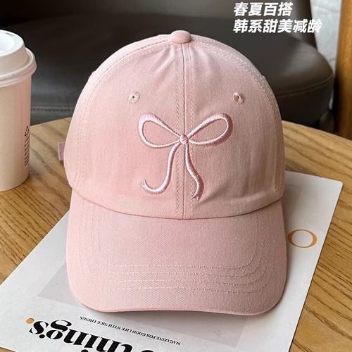 Korean Instagram-style baseball cap for girls with bow tie, sweet and cute, romantic pink hat, versatile, soft brim duckbill cap