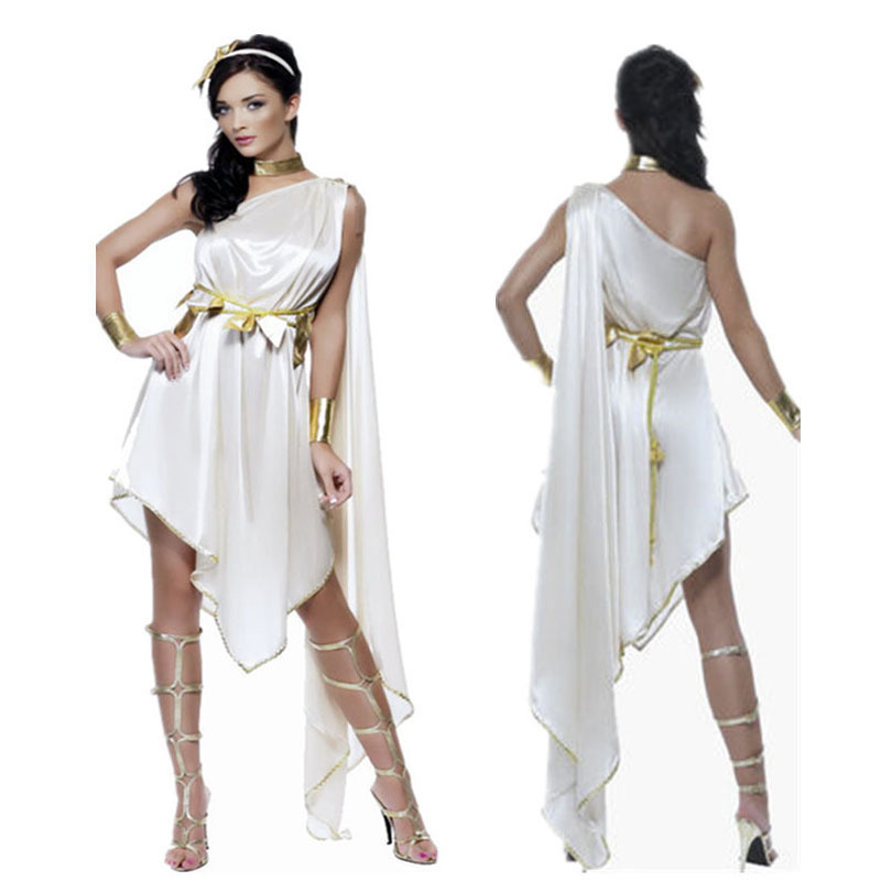 Ancient Greek Goddess Cos Costume Cleopatra White Slanted Shoulder Asymmetrical Dress Stage Cosplay Costume