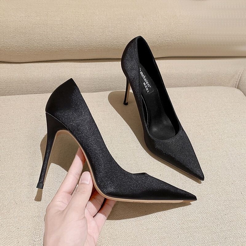 White High-Heeled Shoes with Thin Heels, 2026 Spring New Style, Black French-Style Sexy Pointed-Toe Elegant Single Shoes, Others
