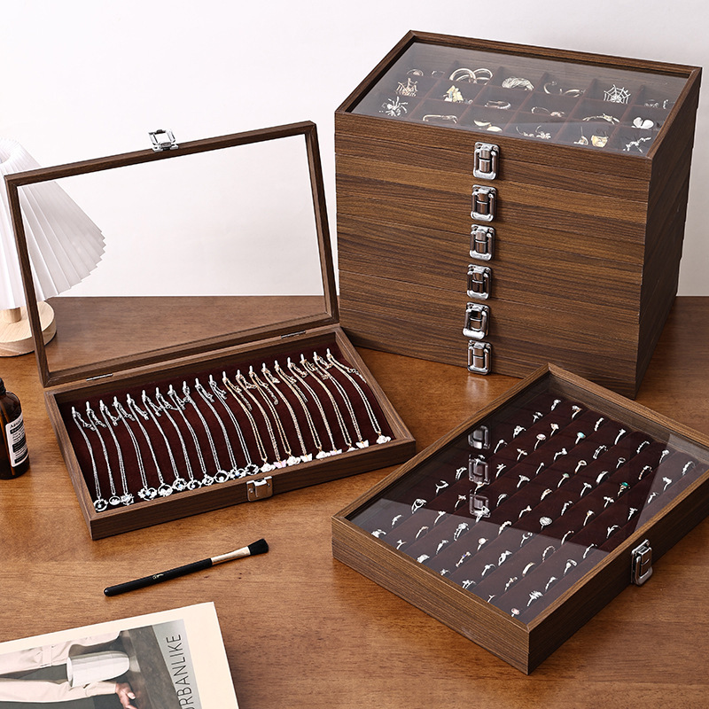 Walnut Jewelry Storage Box Ring Earrings Necklace Bracelet Box Solid Wood Large Capacity Anti-Oxidation Jewelry Display Box