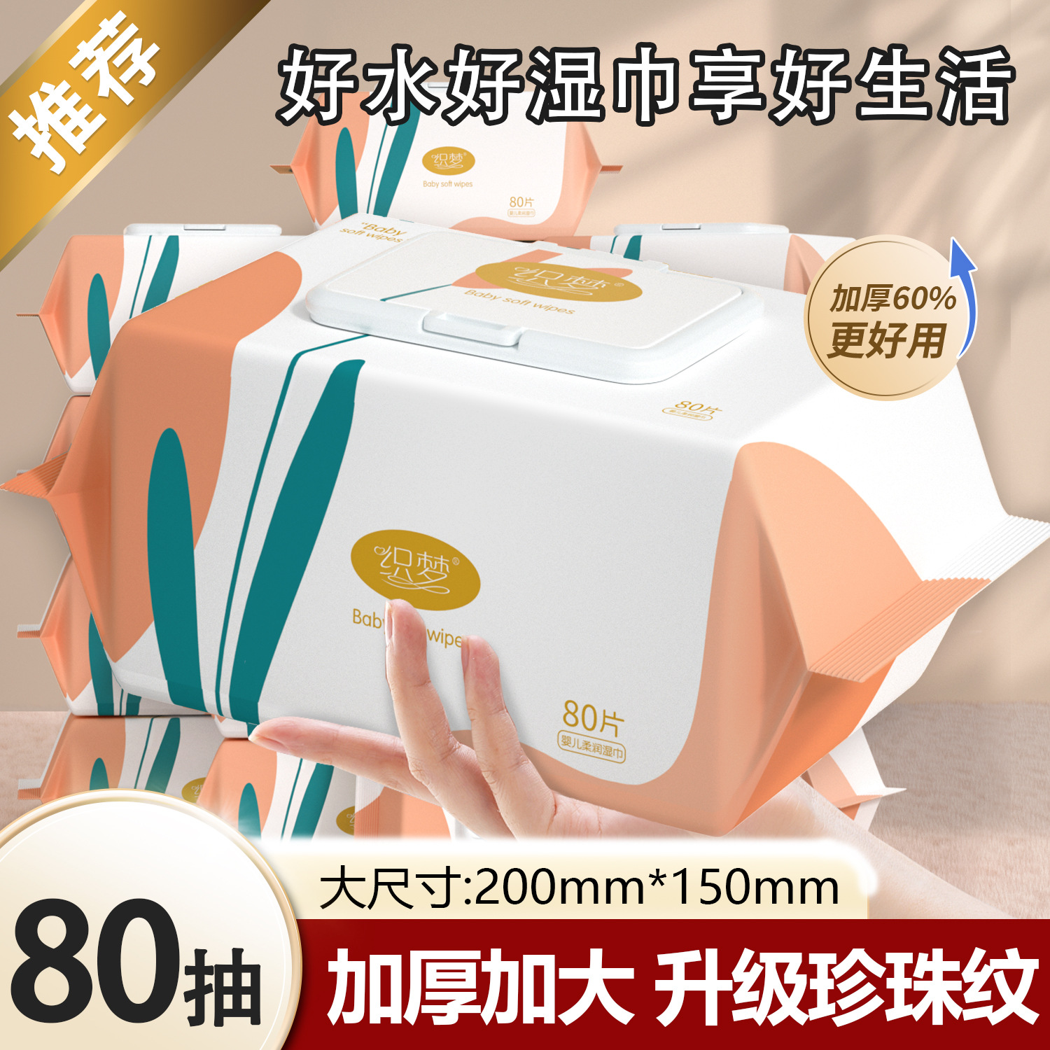 80-Pack Thickened Newborn Wet Wipes, Large Box, Extra Large and Thick, Family Pack, Suitable for Women and Infants, Wet Wipes Df