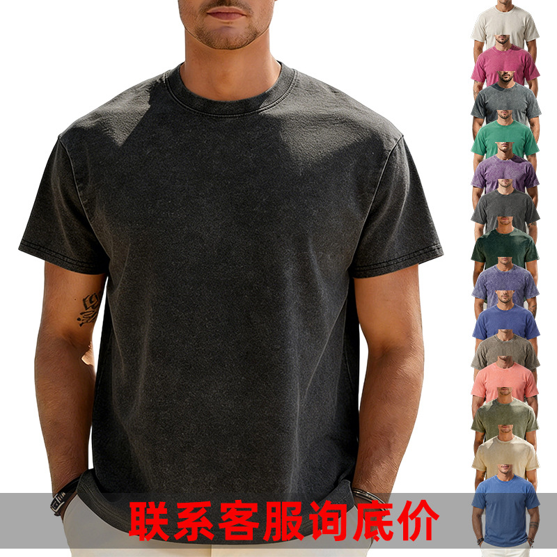 Amazon Cross-Border 230g Washed Vintage T-Shirt Heavyweight Round Neck Drop Shoulder Oversized Men's American Retro Short-Sleeve T-Shirt