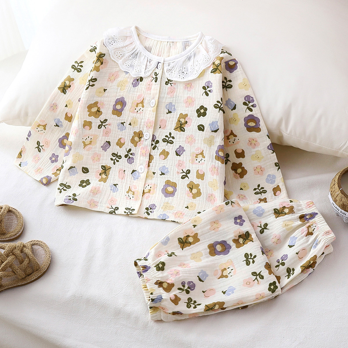 Conjunto de pijamas para niños, nuevo verano, hilo de algodón de grado A, algodón puro para niños, ropa de casa de manga larga para niñas, ropa infantil al por mayor