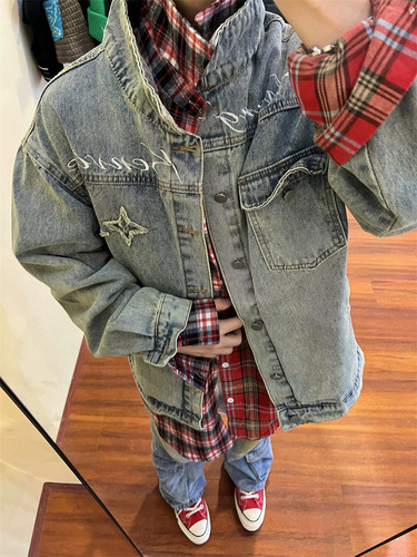 2025 Spring American Loose Retro Patchwork Plaid Long-Sleeve Casual Jacket for Women