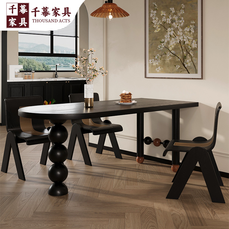 Qianmu Solid Wood Dining Table and Chairs 2025 New Mid-Century Style Small Apartment Dining Table and Chairs Set for Home Living Room Dining Table