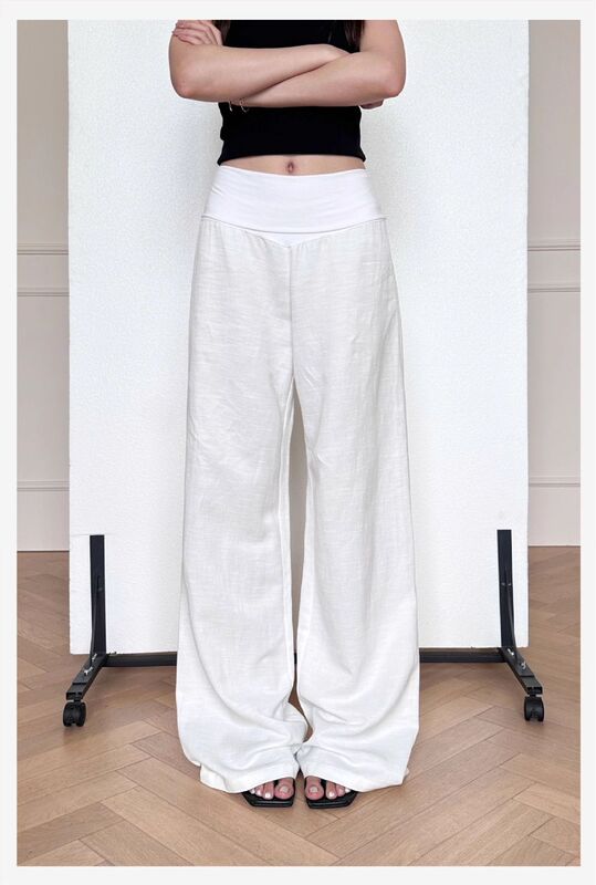 メーカー直販のリラックス感とスリムなウエストのワイドレッグパンツ、女性用夏用薄手リネンクールで多用途なフロアレングスパンツ|undefined