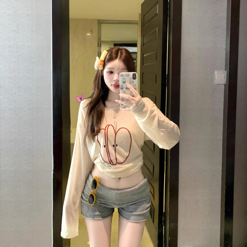 Factory In-Stock Spring/Summer Sun-Protective Cover-Up, Thin Apple Embroidery Long-Sleeve Top, Beach Vacation Style, Suitable for Layering with Swimwear