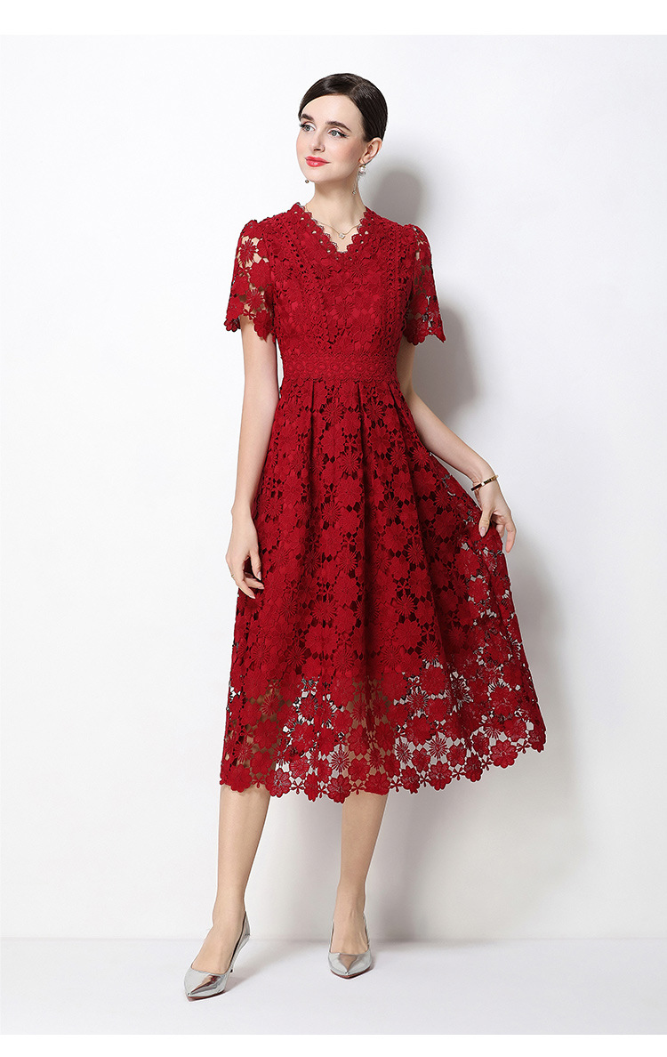 Đầm maxi nữ cổ V ren thắt eo tay ngắn họa tiết rỗng — màu đen, Rượu vang đỏ, màu hồng đậm, màu trắng chi tiết 49