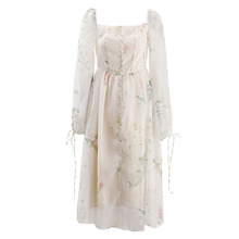 林中花语法式方领灯笼袖连衣裙鱼骨显瘦印花甜美仙女裙茶歇长裙