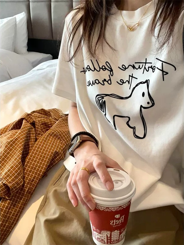 Cartoon Graffiti Print Design Loose-Fitting Top for Women, Summer Pure Cotton Short-Sleeve Versatile Layering Round-Neck Casual T-Shirt for Men