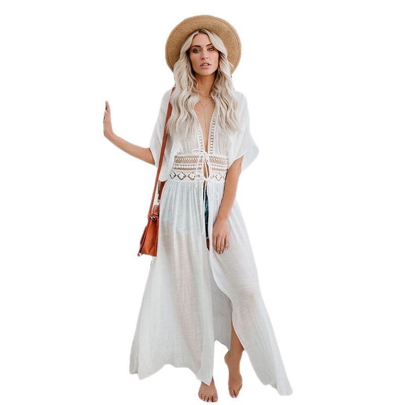 Cardigan largo 2022 transfronterizo europeo y americano nuevo estilo de vacaciones playa blusa encaje costura playa protección solar falda