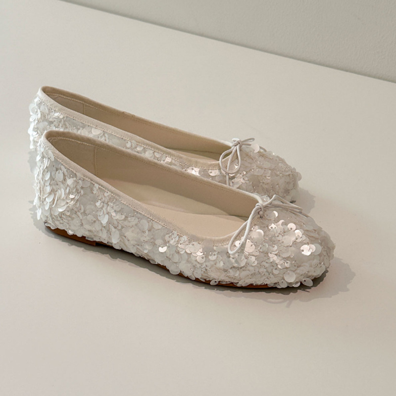 Ready-Made Version ~ Round-Toe Sequin Bow Ballet Shoes, Shallow Flats Shoes for Women, French Gentle Shoes with Skirts