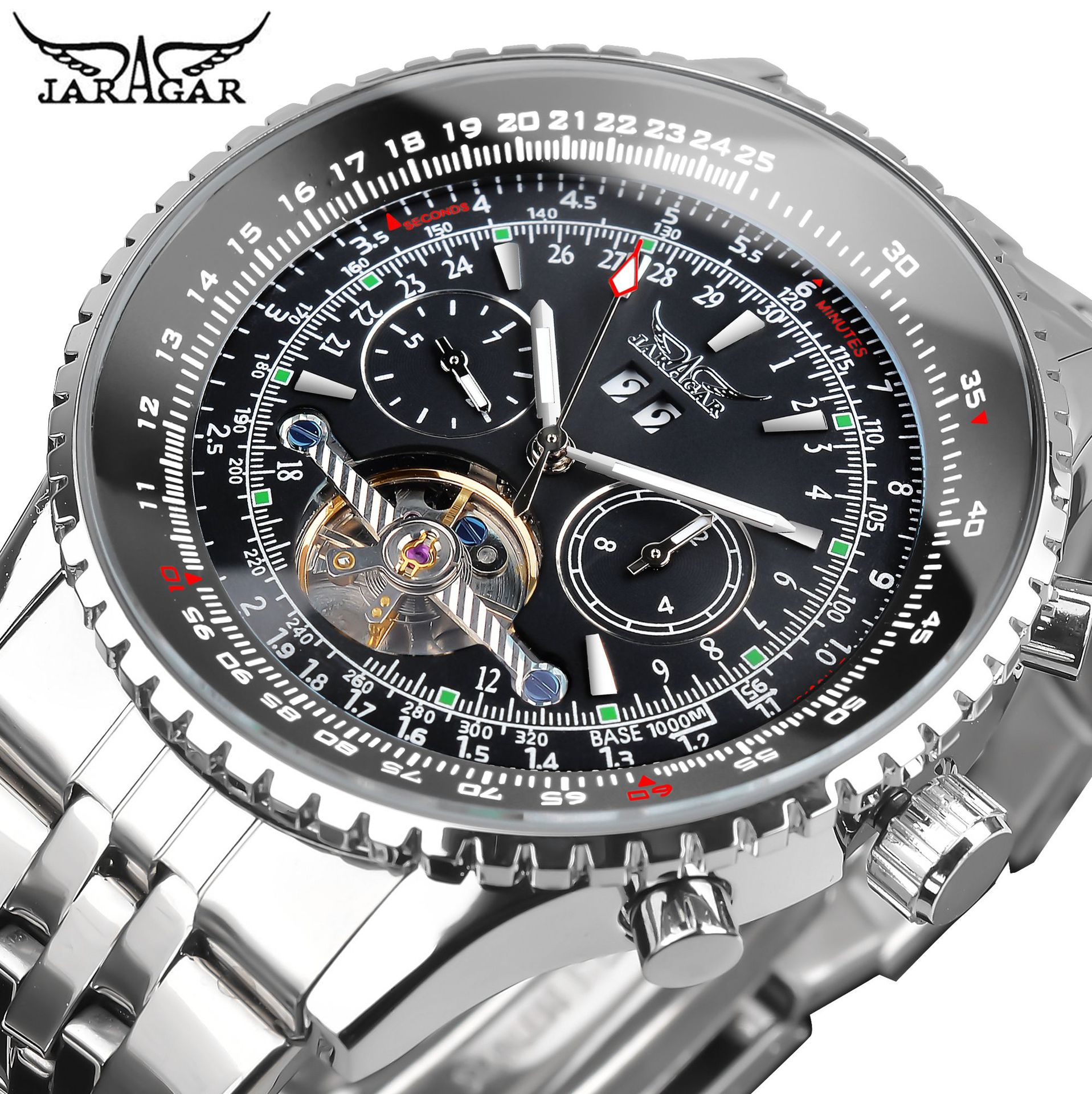 Jaragar男式自动机械手表时尚发光手日期显示不锈钢运动手表
