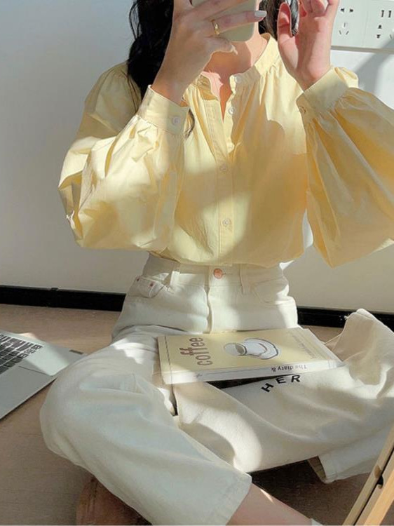哥家商场同款女装2025秋季奶黄色圆领衬衣女法式别致独特小众衬衫|undefined