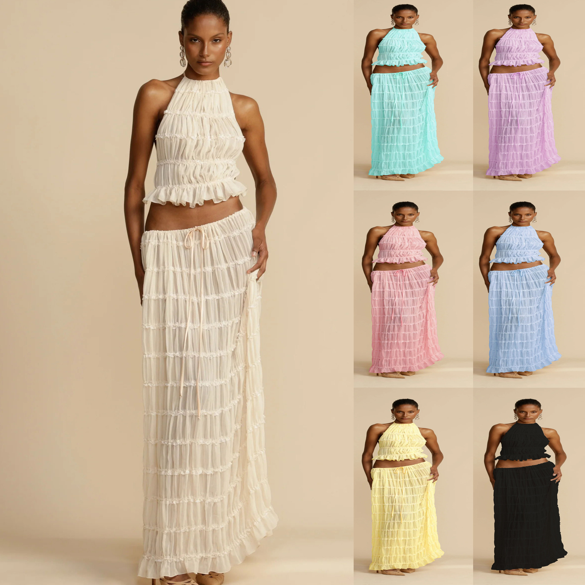 84g Weight Sleeveless Sleeve Length Polyester Fabric Type Skirt Co-ord Set Sets Type 2 Pieces Set Quantity Daily, Beach, Date Occasion Halter Neck Neckline Regular Fit Fit Type Solid Color Pattern Summer Season Women's Gender Sexy Style Daily Beach Date Women's Sexy Solid Color Polyester Skirt Co-ord Set Skirt Sets 无