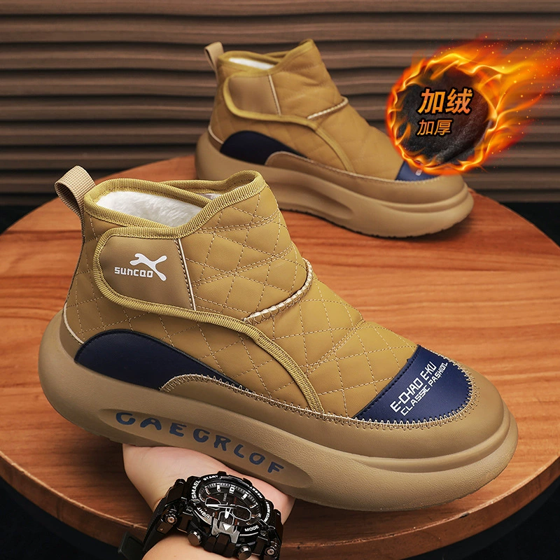 Высокие мужские утепленные хлопковые ботинки с флисовой подкладкой, зимние водонепроницаемые, новый стиль 2025, с меховой подкладкой, утепленные снежные ботинки.