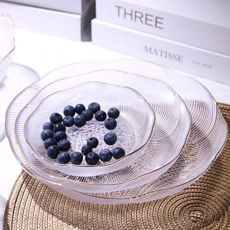 현대 간단한 가정용 손으로 그린 프놈펜 꽃 과일 접시 가벼운 고급 유리 그릇 디저트 야채 샐러드 접시 그릇 식기