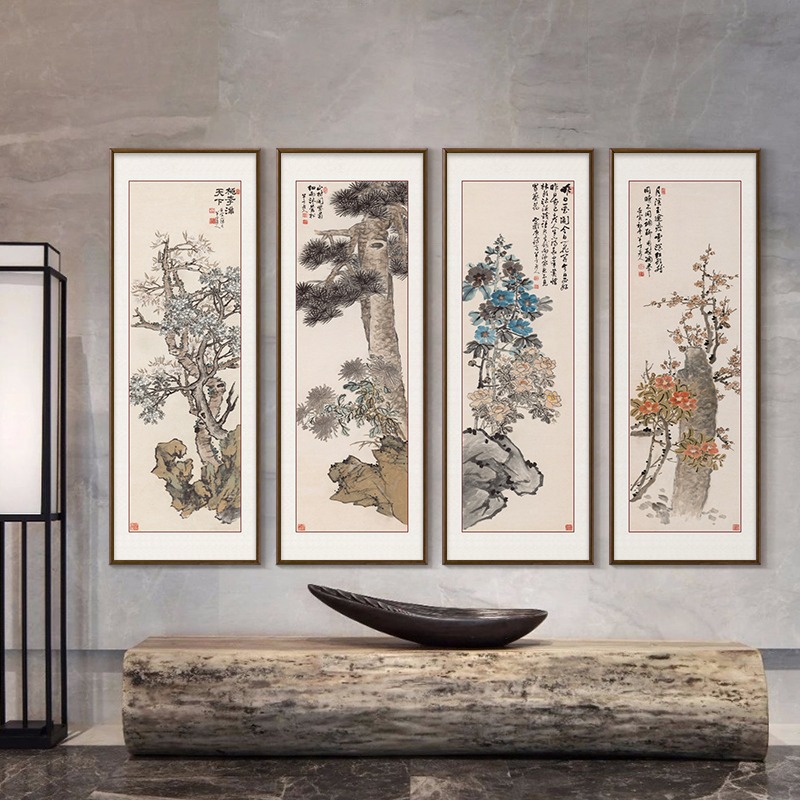 名家手绘梅兰竹菊水墨画中式国画花鸟画四条屏客厅装饰画餐厅挂画