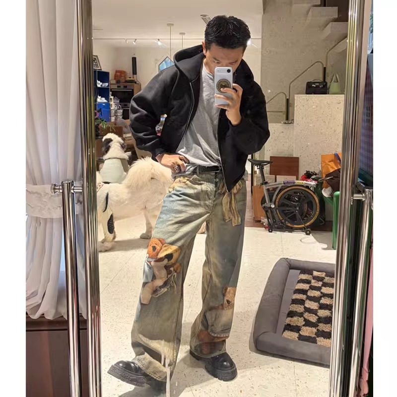 1981 Wide-Leg Jeans with 3D Teddy Bear Print for Men and Women