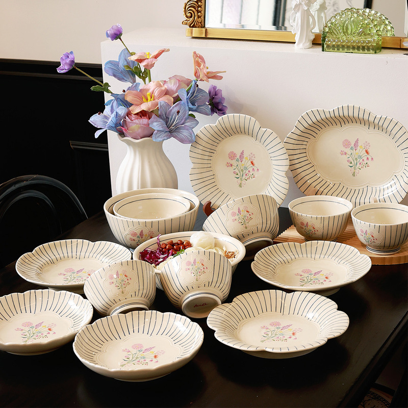 Ruihe Japanese Series Plates Household Dishes New Ceramic Plates Beautiful Plates Retro Rice Bowls Noodle Bowls