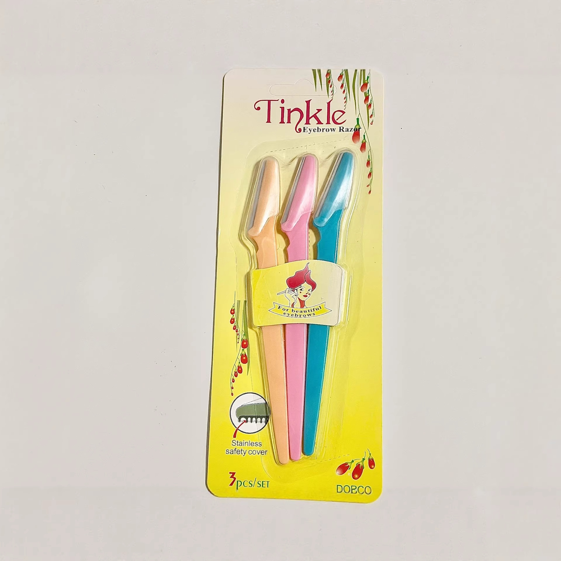 Tinkle set de cuchillo de cejas de tres colores cubierta de seguridad de acero inoxidable cuchillo de cejas portátil artefacto de cejas explosivo transfronterizo