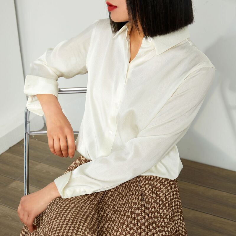 Penny Yan Value. Exquisite White Swan Feather Filament Jacquard Low-key Luxury Heavy Silk Long Sleeve Shirt