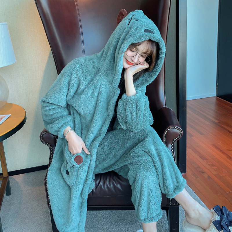Algas verdes pijamas populares de las mujeres de otoño e invierno de la felpa engrosada de mediados de longitud camisón de las mujeres de franela homewear traje
