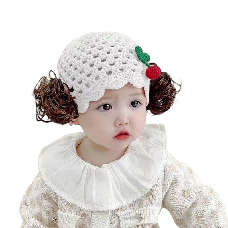 Baby Wig Hat Female Baby Protective Fontanelle Hat Spring and Summer Korean Style Western Style Princess Handmade Kidsren's Knitted Woolen Hat