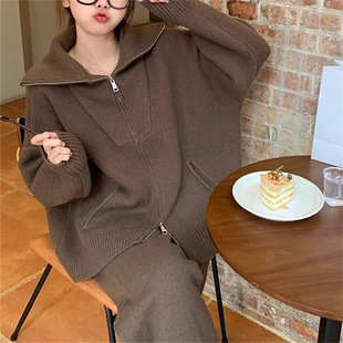 Casual sports suit women's spring/autumn/winter 2023 new fashion fried street plus size knitted cardigan wide-leg pants two-piece set