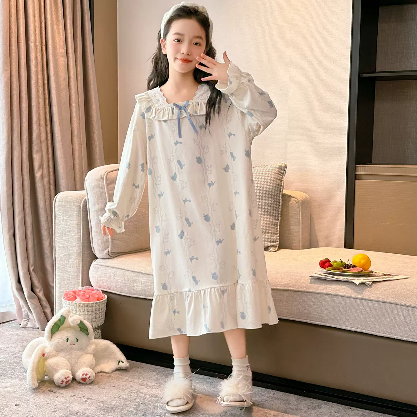 儿童睡衣女童睡裙长袖春秋季2025年新款大童女孩纯棉公主风家居裙