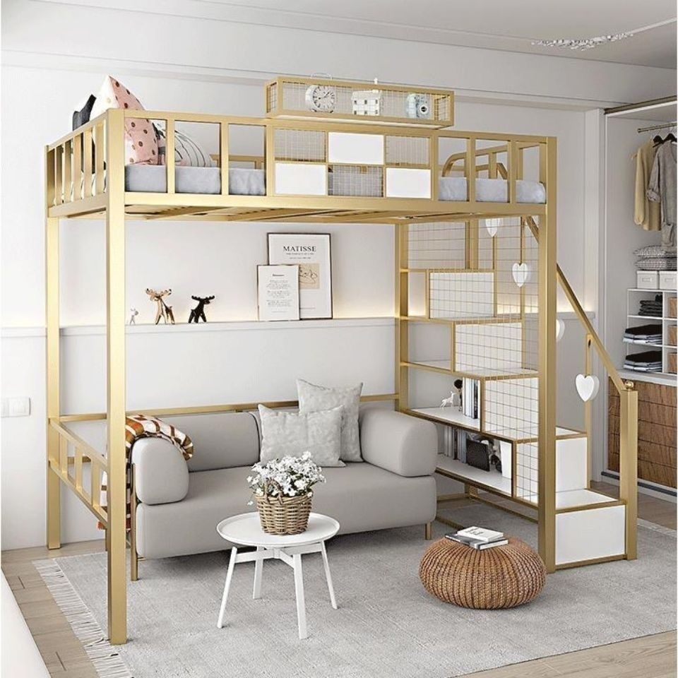 时尚创意铁艺床家用卧室省空间上床下空高架床公寓铁架床上铺时尚