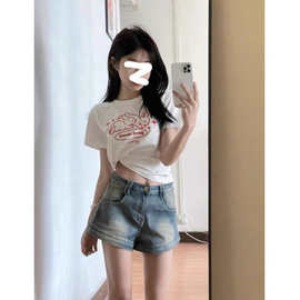 日韩复古夏季美式辣妹做旧牛仔裤女包臀a字超短热裤紧身高腰显瘦