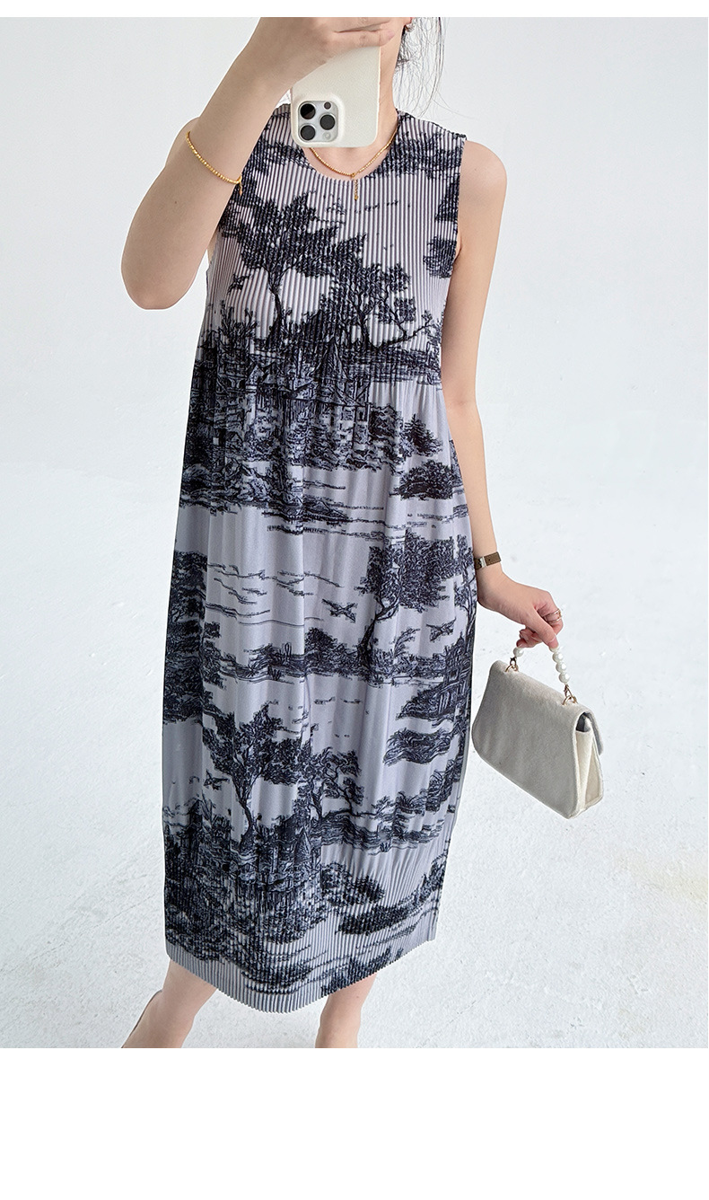 Váy maxi nữ in hoa sứ trắng xanh thắt eo phong cách Trung Quốc — Màu sâm panh chi tiết 23