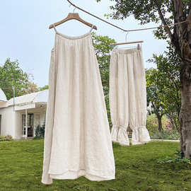 亚麻吊带裙夏季女装小众设计感棉麻度假风中长款连衣裙子家居睡裙