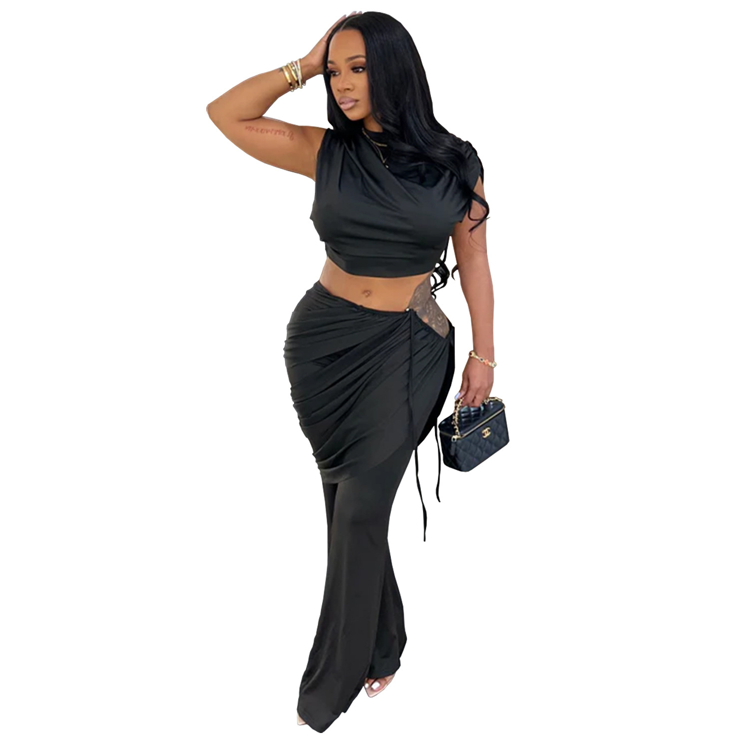 C7528 Aliexpress transfronterizo Amazon Europa y América de moda de mujer casual sin mangas blusa de umbilical pantalones largos de dos piezas image 7