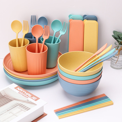 Cross-border wheat straw bowls, cups and plates 32-piece tableware set portable knife, fork, spoon and chopsticks microwaveable tableware set