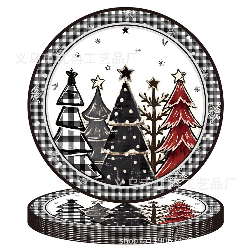 クリスマス白黒方眼クリスマスツリーテーマ使い捨て紙皿テーブルクロスティッシュパーティー装飾配置用品|undefined